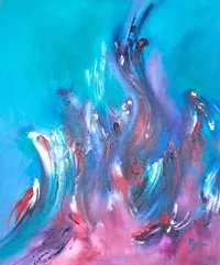 Tableau Abstrait Bleu 151 “Feu Follet”, peinture originale à l'huile par Régine Gardan, 60 × 73 cm. Un tableau bleu peint à la main.