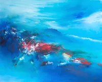 Tableau Abstrait Bleu 121 “Figure Mythique”, peinture originale à l'huile par Régine Gardan, 100 × 80 cm. Un tableau bleu peint à la main.