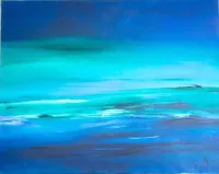 Tableau Abstrait Bleu 195 ” Ligne Horizon”, peinture originale à l'huile par Régine Gardan, 91 × 73 cm. Un tableau bleu peint à la main.