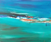Tableau Abstrait Bleu 100 “Nage Douce”, peinture originale à l'huile par Régine Gardan, 46 × 38 cm. Un tableau bleu peint à la main.
