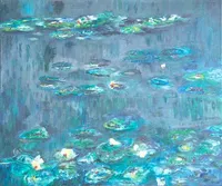 Tableau Abstrait Bleu 201 “Nénuphars”, peinture originale à l'huile par Régine Gardan, 55 × 46 cm. Un tableau bleu peint à la main.
