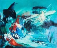 Tableau Abstrait Bleu 229 “Noctiluca”, peinture originale à l'huile par Régine Gardan, 55 × 46 cm. Un tableau bleu peint à la main.