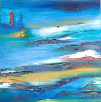 Tableau Abstrait Bleu 206 “Nouveau Départ”, peinture originale à l'huile par Régine Gardan, 50 × 50 cm. Un tableau bleu peint à la main.