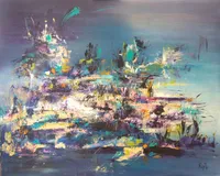 Tableau Abstrait Bleu 42 “Reflets d’Étoiles”, peinture originale à l'huile par Régine Gardan, 80 × 65 cm. Un tableau bleu peint à la main.