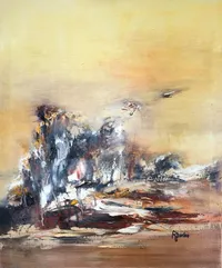Tableau Abstrait Jaune 139 “Cap”, peinture originale à l'huile par Régine Gardan, 60 × 73 cm. Un tableau jaune peint à la main.
