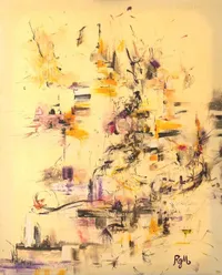 Tableau Abstrait Jaune 40 “Cinq Terres”, peinture originale à l'huile par Régine Gardan, 65 × 80 cm. Un tableau jaune peint à la main.