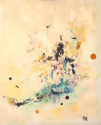 Tableau Abstrait Jaune 56 “Colombe”, peinture originale à l'huile par Régine Gardan, 80 × 65 cm. Un tableau jaune peint à la main.