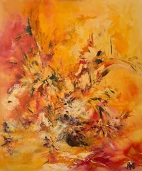 Tableau Abstrait Jaune 48 “Dragon”, peinture originale à l'huile par Régine Gardan, 60 × 73 cm. Un tableau jaune peint à la main.