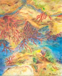 Tableau Abstrait Jaune 181 “Grande Barrière De Corail”, peinture originale à l'huile par Régine Gardan, 55 × 46 cm. Un tableau jaune peint à la main.