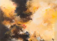 Tableau Abstrait Jaune 66 “l’Espoir”, peinture originale à l'huile par Régine Gardan, 70 × 50 cm. Un tableau jaune peint à la main.