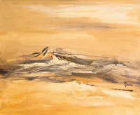 Tableau Abstrait Jaune 162 “Sahara”, peinture originale à l'huile par Régine Gardan, 60 × 73 cm. Un tableau jaune peint à la main.
