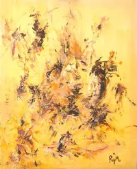 Tableau Abstrait Jaune 38 “Savane”, peinture originale à l'huile par Régine Gardan, 65 × 80 cm. Un tableau jaune peint à la main.