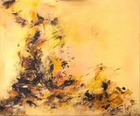 Tableau Abstrait Jaune 23 “Terre Volcanique”, peinture originale à l'huile par Régine Gardan, 55 × 46 cm. Un tableau jaune peint à la main.