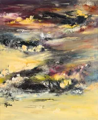 Tableau Abstrait Jaune 235 “Ying Yang”, peinture originale à l'huile par Régine Gardan, 60 × 73 cm. Un tableau jaune peint à la main.