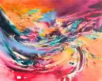 Tableau Abstrait Multicolore 237 “Créativité”, peinture originale à l'huile par Régine Gardan, 80 × 65 cm. Un tableau multicolore peint à la main.