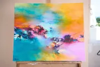 Tableau Abstrait Multicolore 198 “Grande Barrière De Corail”, peinture originale à l'huile par Régine Gardan, 65 × 55 cm. Un tableau multicolore peint à la main.