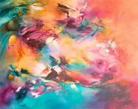 Tableau Abstrait Multicolore 239 “Idylle”, peinture originale à l'huile par Régine Gardan, 73 × 93 cm. Un tableau multicolore peint à la main.