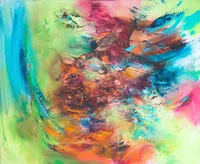 Tableau Abstrait Multicolore 165 “Illusion”, peinture originale à l'huile par Régine Gardan, 60 × 73 cm. Un tableau multicolore peint à la main.