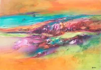 Tableau Abstrait Multicolore 116 “Montagne Des 7 Couleurs”, peinture originale à l'huile par Régine Gardan, 65 × 90 cm. Un tableau multicolore peint à la main.