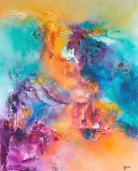 Tableau Abstrait Multicolore 221 “Nirvana”, peinture originale à l'huile par Régine Gardan, 60 × 80 cm. Un tableau multicolore peint à la main.