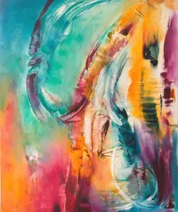 Tableau Abstrait Multicolore 74 “Rêve Idyllique”, peinture originale à l'huile par Régine Gardan, 80 × 100 cm. Un tableau multicolore peint à la main.
