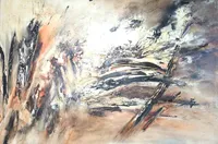 Tableau Abstrait Noir 155 “Distorsion”, peinture originale à l'huile par Régine Gardan, 80 × 55 cm. Un tableau noir peint à la main.