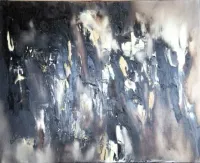 Tableau Abstrait Noir 199 “Fusion”, peinture originale à l'huile par Régine Gardan, 80 × 65 cm. Un tableau noir peint à la main.