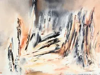 Tableau Abstrait Noir 226 “Grand Canyon”, peinture originale à l'huile par Régine Gardan, 60 × 46 cm. Un tableau noir peint à la main.
