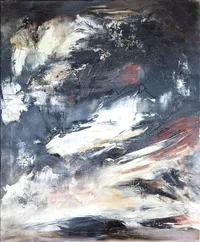 Tableau Abstrait Noir 167 “Mer De Glace”, peinture originale à l'huile par Régine Gardan, 60 × 73 cm. Un tableau noir peint à la main.