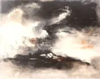 Tableau Abstrait Noir 71 “Ombre Portée”, peinture originale à l'huile par Régine Gardan, 80 × 65 cm. Un tableau noir peint à la main.
