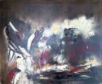 Tableau Abstrait Noir 169 “Univers Carbone”, peinture originale à l'huile par Régine Gardan, 73 × 60 cm. Un tableau noir peint à la main.
