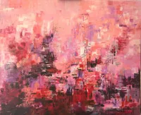 Tableau Abstrait Rose 39 “Développement”, peinture originale à l'huile par Régine Gardan, 60 × 50 cm. Un tableau rose peint à la main.