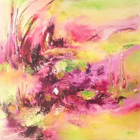Tableau Abstrait Rose 80 “Feu Rosé”, peinture originale à l'huile par Régine Gardan, 70 × 70 cm. Un tableau rose peint à la main.