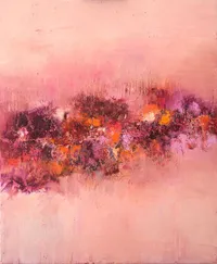 Abstract Schilderij Roze 11 “Fleurs de Rose”, origineel schilderij in olieverf door Régine Gardan, 50 × 60 cm. Een met de hand geschilderd roze schilderij.