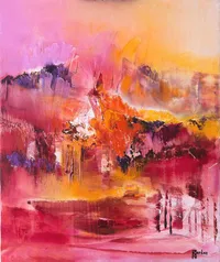 Tableau Abstrait Rose 114 “île Matinale”, peinture originale à l'huile par Régine Gardan, 46 × 38 cm. Un tableau rose peint à la main.