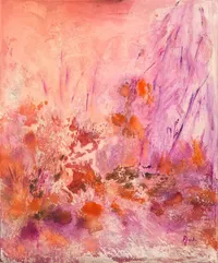 Tableau Abstrait Rose 89 “Lys Orangé”, peinture originale à l'huile par Régine Gardan, 73 × 60 cm. Un tableau rose peint à la main.