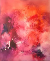 Tableau Abstrait Rose 37 “Nostalgie”, peinture originale à l'huile par Régine Gardan, 60 × 73 cm. Un tableau rose peint à la main.