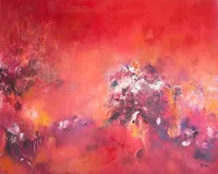 Tableau Abstrait Rouge 119 “Arbre de Vie”, peinture originale à l'huile par Régine Gardan, 100 × 80 cm. Un tableau rouge peint à la main.