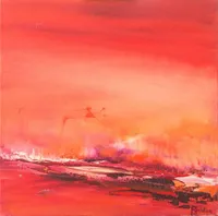 Tableau Abstrait Rouge 102 “Atmosphère”, peinture originale à l'huile par Régine Gardan, 40 × 40 cm. Un tableau rouge peint à la main.