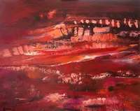 Tableau Abstrait Rouge 29 “Caverne”, peinture originale à l'huile par Régine Gardan, 80 × 65 cm. Un tableau rouge peint à la main.