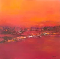 Tableau Abstrait Rouge 61 “Champ”, peinture originale à l'huile par Régine Gardan, 60 × 60 cm. Un tableau rouge peint à la main.