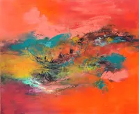 Tableau Abstrait Rouge 46 “Clairvoyance”, peinture originale à l'huile par Régine Gardan, 73 × 60 cm. Un tableau rouge peint à la main.