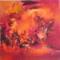 Tableau Abstrait Rouge 209 “Coquelicot”, peinture originale à l'huile par Régine Gardan, 50 × 50 cm. Un tableau rouge peint à la main.