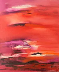 Tableau Abstrait Rouge 85 “Crépuscule”, peinture originale à l'huile par Régine Gardan, 50 × 60 cm. Un tableau rouge peint à la main.