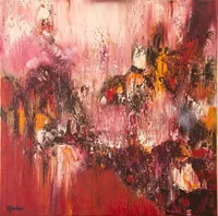 Tableau Abstrait Rouge 3 “Détachement”, peinture originale à l'huile par Régine Gardan, 60 × 73 cm. Un tableau rouge peint à la main.