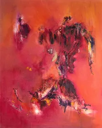 Tableau Abstrait Rouge 216 “Equis”, peinture originale à l'huile par Régine Gardan, 65 × 80 cm. Un tableau rouge peint à la main.