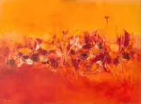 Tableau Abstrait Rouge 94 “Faune et Flore”, peinture originale à l'huile par Régine Gardan, 80 × 60 cm. Un tableau rouge peint à la main.