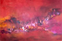 Tableau Abstrait Rouge 132 “Forêt D’espoir”, peinture originale à l'huile par Régine Gardan, 80 × 60 cm. Un tableau rouge peint à la main.