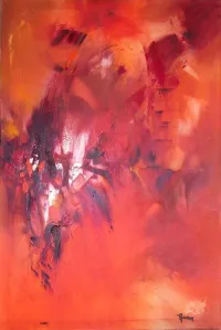 Tableau Abstrait Rouge 133 “île de Pâques”, peinture originale à l'huile par Régine Gardan, 60 × 90 cm. Un tableau rouge peint à la main.