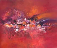 Tableau Abstrait Rouge 219 “Intensité”, peinture originale à l'huile par Régine Gardan, 46 × 55 cm. Un tableau rouge peint à la main.